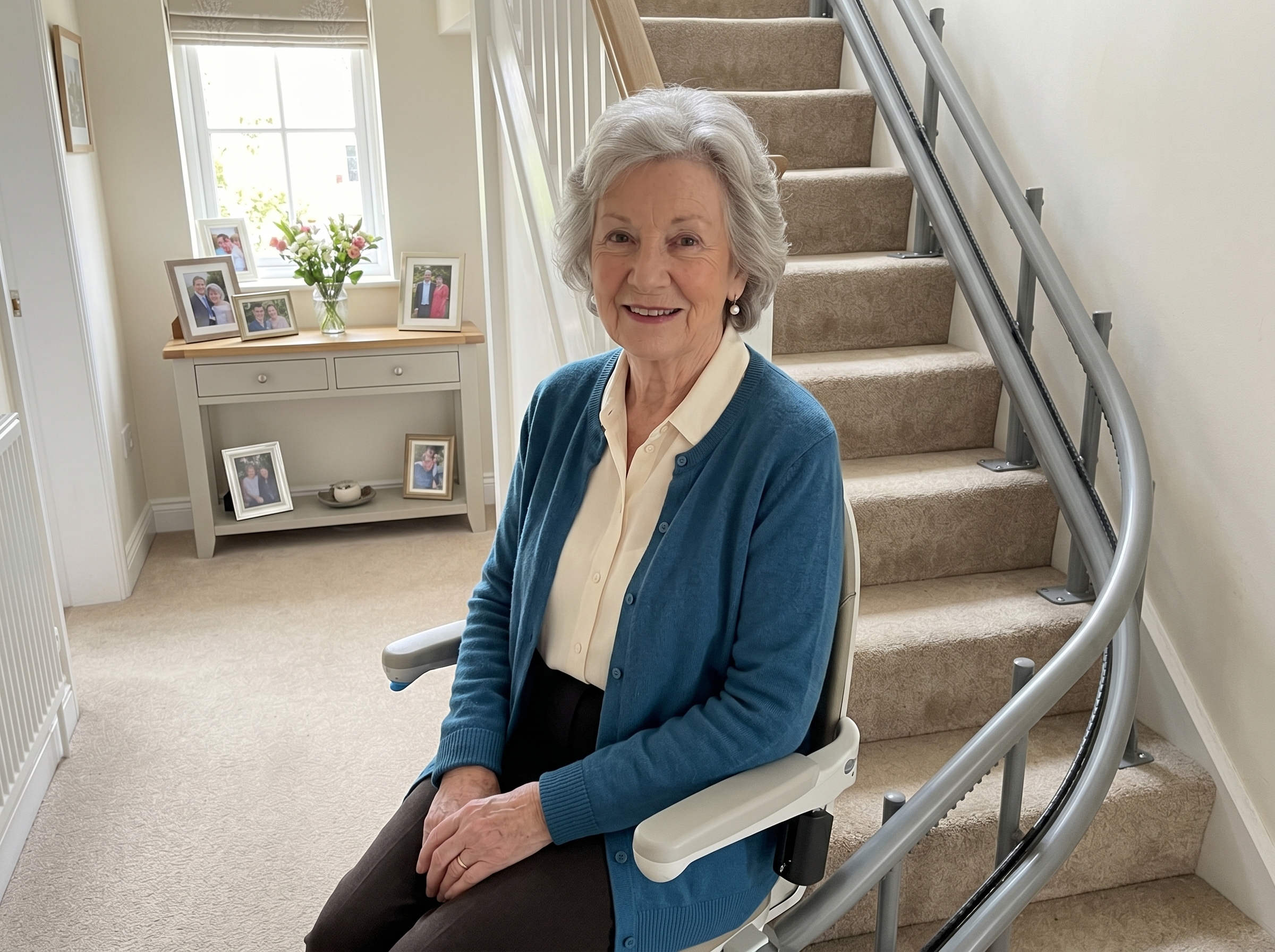 An older woman standing contentedly beside the staircase in the bright, characterful hallway of her own home, with family photographs on the wall and fresh flowers — living well and independently.